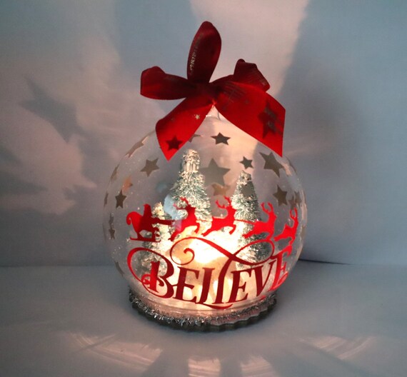 I Believe LED Christmas Santa Reindeer Glass Snow Bauble Personalised Bauble Christmas Bauble Light Up Bauble Santa and Reindeer Bauble