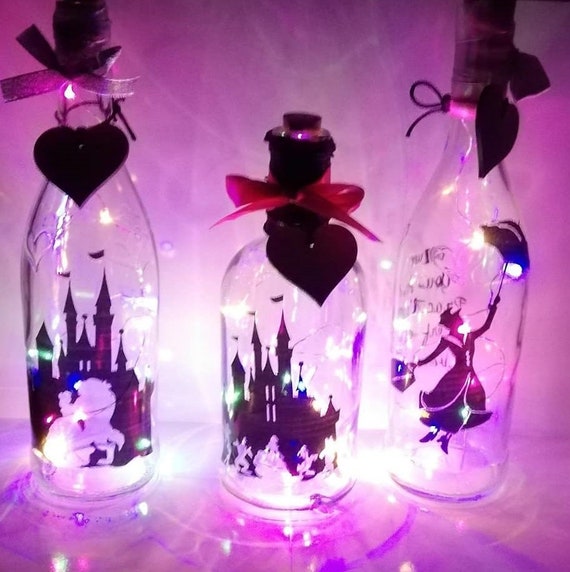 Mickey and Minnie, Mary Poppins, Beauty and The Beast Light Up Wine Bottle Lamp Birthday, Mother's Day, 16th, 18th, 21st, 30th, 40th, 50th