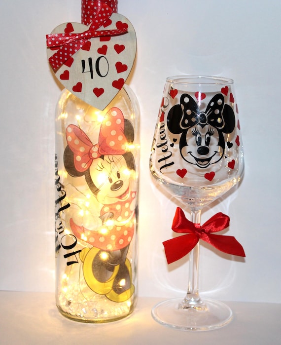 Mickey Mouse or Minnie Mouse Light Up Wine Bottle and Wine Glass Gift Set Mickey or Minnie Bottle Lamp Mickey Minnie Fan