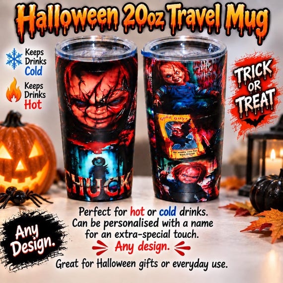 Halloween Scary 20oz Travel Mug Hot/Cold Drinks/Insulated Coffee Mug Chucky & Friends Mug Secret Santa Gift Christmas Gift Personalised Gift