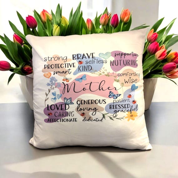 Mother's Day Gift, Mom Mum Pillow Cushion Design Watercolour Flowers, Butterflies, Ladybirds, Mum Cuddle Cushion Brave Mum Mother's Day Idea