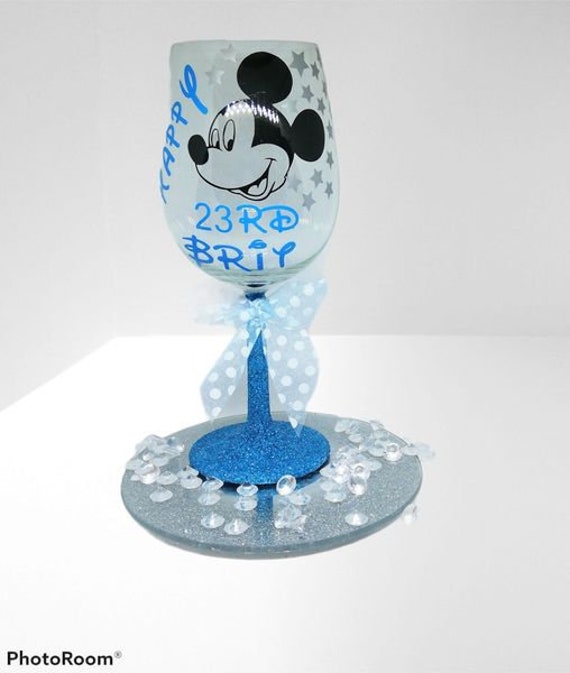 Mickey Mouse Inspired Glitter Wine Glass, Monogram, Birthday gift 21st, 30th, 40th, 50th, 60th, Hen Night, Mother's Day Gift, Valentine's