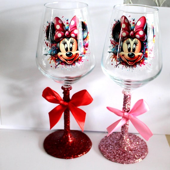 Minnie Inspired Wine Glitter Glass - Personalised - Birthday Gift, Mother's Day, Secret Santa 18,21,30,40,50 age Gift Idea