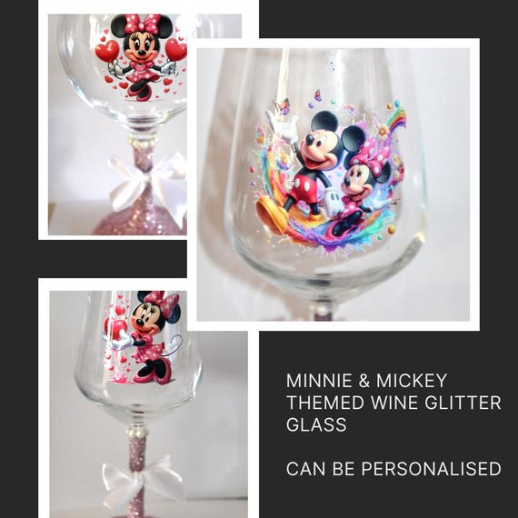 Mickey & Minnie Mouse Glitter Inspired Wine or Gin Glass Mother's Day, Valentine's Day, Birthday, Christmas, gift ideas