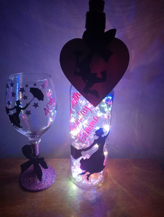 Mary Poppins Inspired Light Up Wine Bottle & Wine Glass LED Lights, birthday gift,21st, 30th, 40th, 50th birthday  Bottle Light Mother's Day