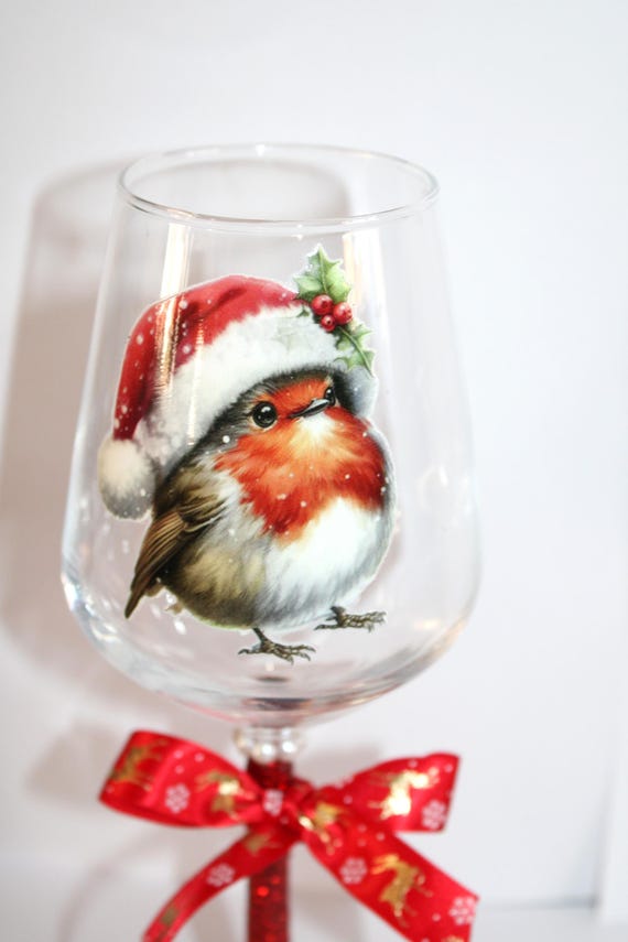 Little Christmas Robin Wine Glass Robin and Santa Wine Glass Custom Robin Glass