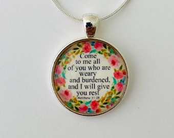 bible verse necklace, matthew 11:28, come to me all who are weary, birthday gift for christian mom, meaningful gifts for friend, word of god