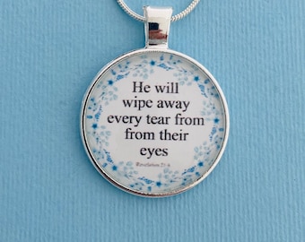 Revelation 21:4 Necklace, “He Will Wipe Away Every Tear” Scripture Pendant, Rooted in Christ