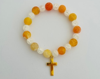 Christian Beaded Bracelets - Frosted Agate with Gold Cross