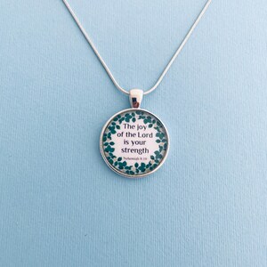 Nehemiah 8:10 Necklace | Christian Verse Silver Pendant, Floral image 3
