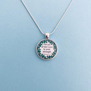 Nehemiah 8:10 Necklace | Christian Verse Silver Pendant, Floral image 4