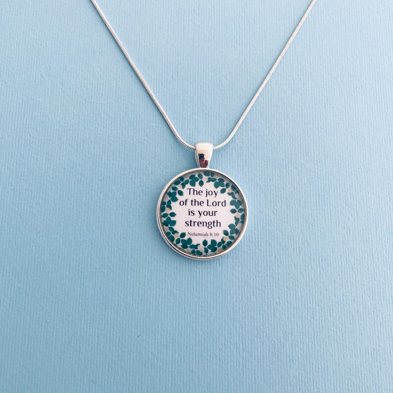 Nehemiah 8:10 Necklace | Christian Verse Silver Pendant, Floral image 4