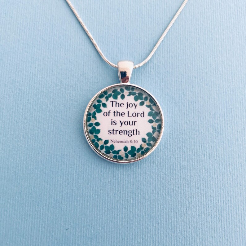 Nehemiah 8:10 Necklace | Christian Verse Silver Pendant, Floral image 1