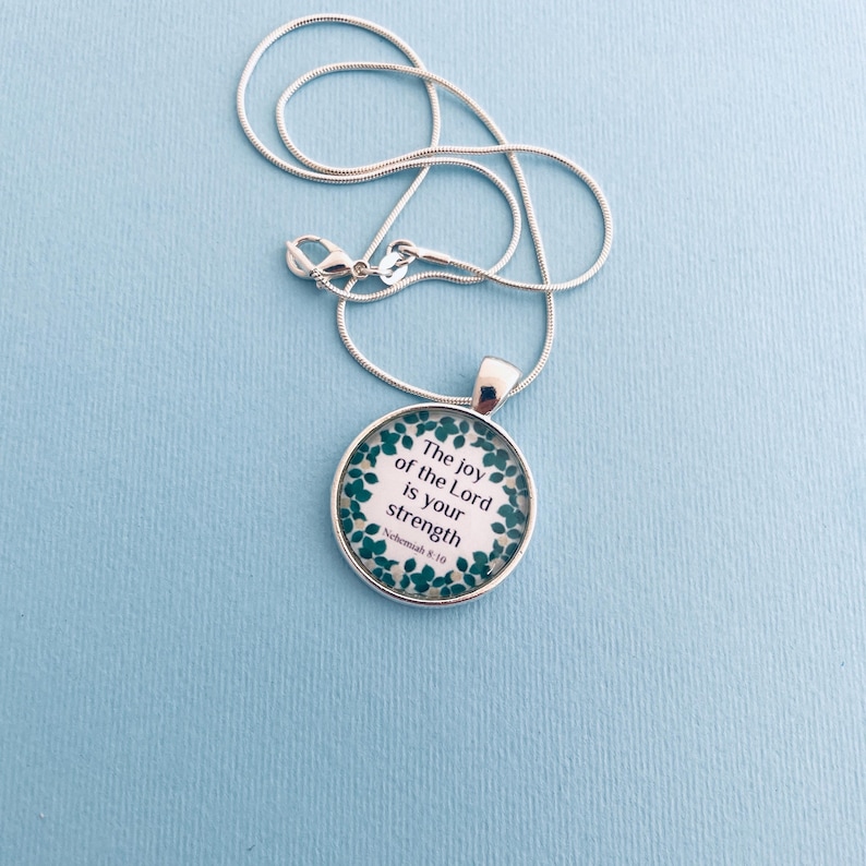 Nehemiah 8:10 Necklace | Christian Verse Silver Pendant, Floral image 2