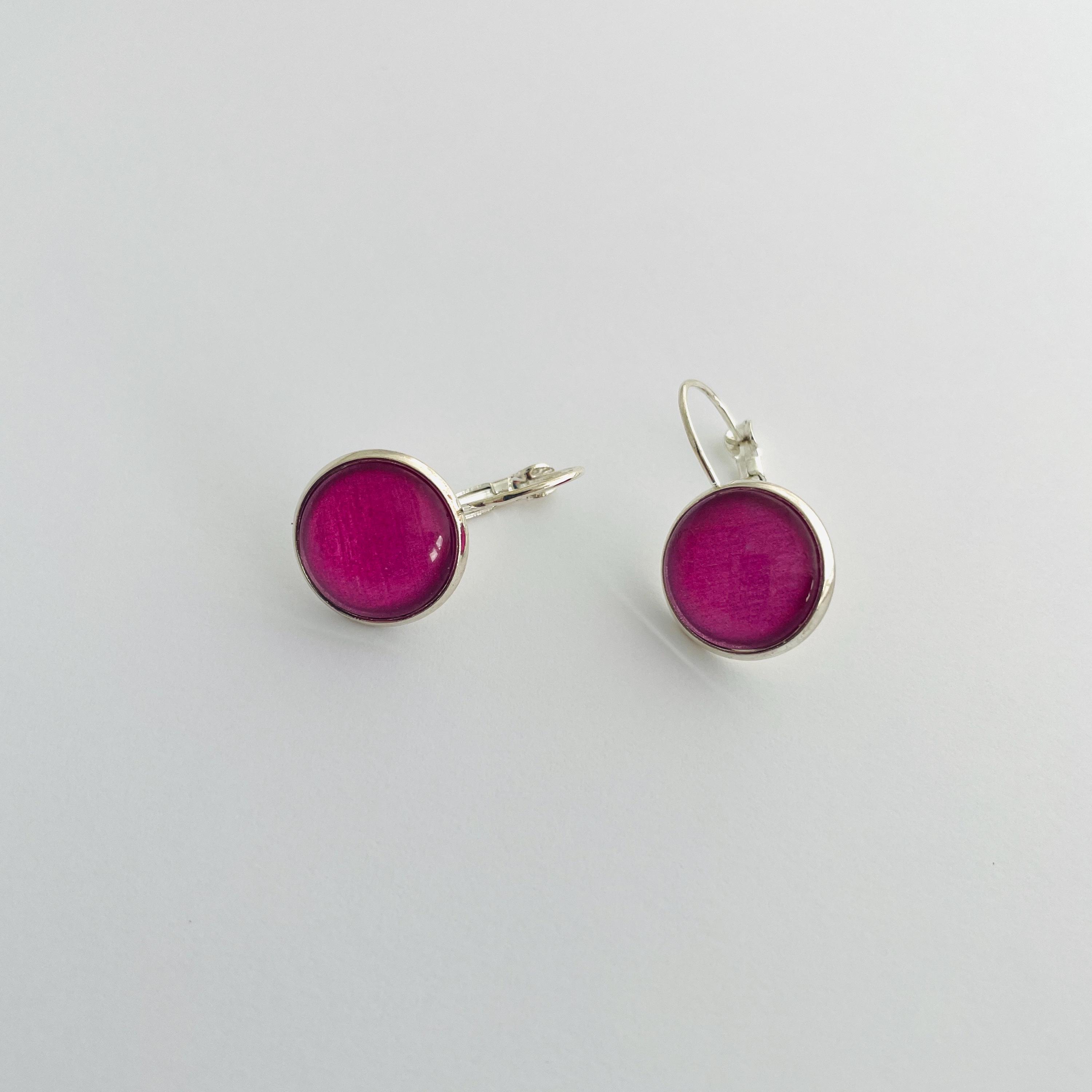 Magenta Earrings: Silvertone Leverback Drop Earrings