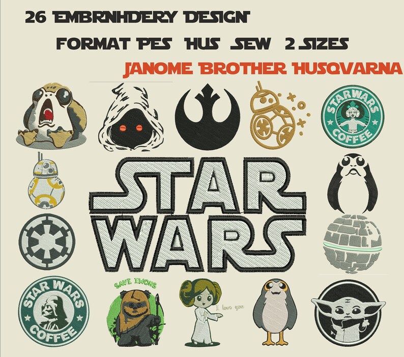 Star wars embroidery design 26 pcs in pes hus sew vp3 jef  etsy Star wars embroidery design 26 pcs in pes hus sew vp3 jef  etsy