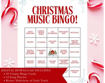 Christmas Party Musical Bingo, Family-Friendly Christmas Game, includes a Slideshow, Playlist, and 50 Unique Bingo Sheets! Digital Download.