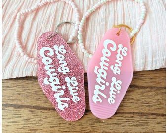Long Live Cowgirls Keychain – Blush, Flat, Checkered Pink Acrylic Key Tag – Girly Keychain – Cute Bag Charm or Car Key Accessory