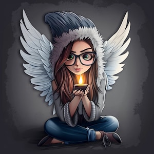 May include: A cartoon illustration of a girl with blue eyes and long brown hair wearing a blue and white hooded sweater and a pair of angel wings. She is holding a small candle in her hands.