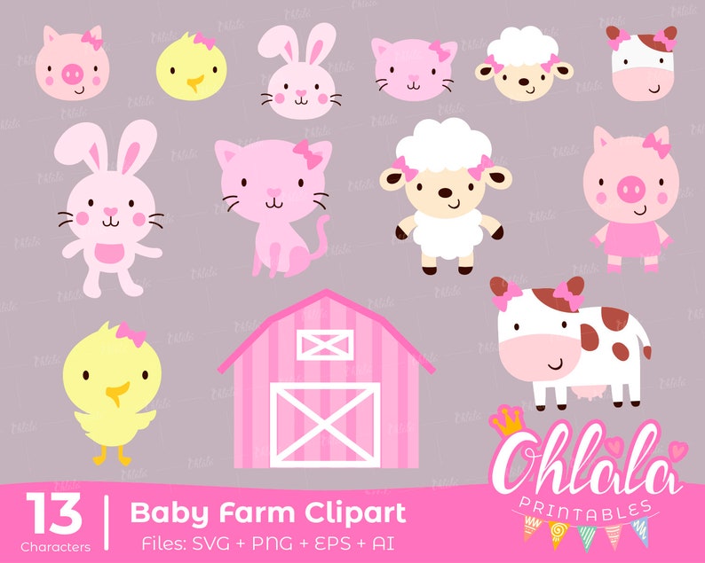 13 Clipart Farm Animals Baby Girl Party Characters Barnyard Etsy