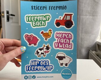 Taflen Sticeri Ffermio Cymraeg | Welsh Farming Sticker Sheet | Hir Oes Ffermwyr, Ffarmwr Bach, Merch Fach y Wlad