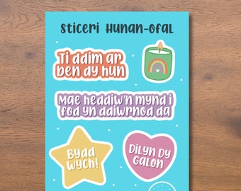 Taflen Sticeri Hunan Ofal | Welsh Self Care Sticker Sheet | Iechyd Meddwl, Bydd Wych, Dilyn Dy Galon