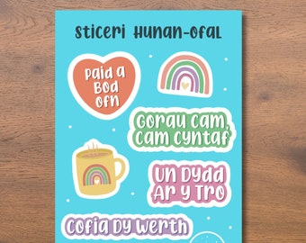 Taflen Sticeri Hunan Ofal Cymraeg | Welsh Self Care Sticker Sheet | Iechyd Meddwl, Paid a Bod Ofn, Mwydro, Un Dydd ar y Tro