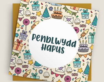 Cerdyn Penblwydd Hapus  | Welsh Happy Birthday Card | Anrhegion, Teisen, Mam, Dad, Brawd, Nain, Taid