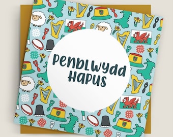 Cerdyn Penblwydd Hapus Cymraeg | Welsh Football Themed Happy Birthday Card, Pel Droed, FA Wales, Bucket Hat | Mwydro