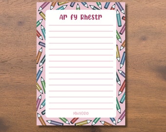 A6 'Ar Fy Rhestr' (On My List) Pink Pencils Notepad | Llyfr Nodiadau Cymraeg Pinc | Pensiliau Lliwgar Enfys