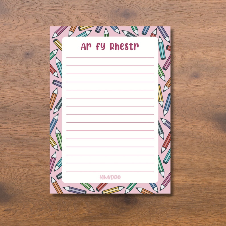 A6 'Ar Fy Rhestr' On My List Pink Pencils Notepad Llyfr Nodiadau Cymraeg Pinc Pensiliau Lliwgar Enfys image 1