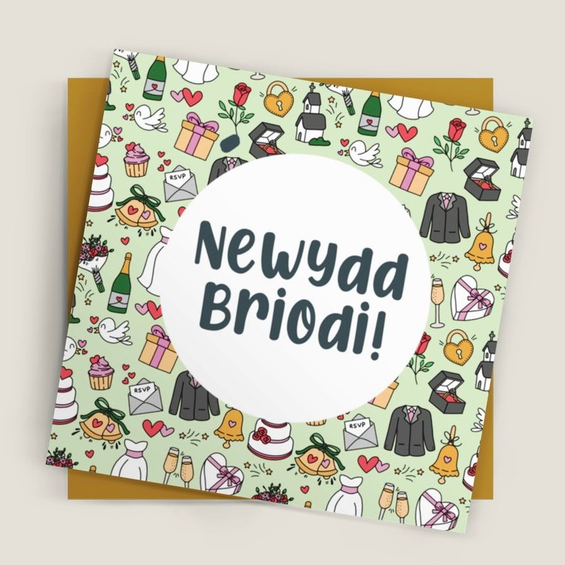 Cerdyn Priodas Cymraeg Welsh Wedding Card Newydd Briodi, Mr a Mrs Cymraeg, Llongyfarchiadau image 1