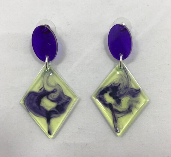 Purple Silver 70/'s Mod Inspired Handmade Resin Earrings