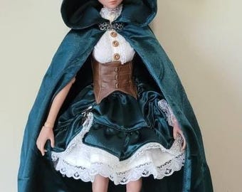 Conjunto de ropa para muñeca de terciopelo verde oscuro, capa con capucha, camisa de encaje, botas (1/3 BJD)