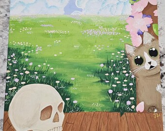 Cuadro de gato sorprendido: calavera, flores, escena de pradera (acrílico de 8x10 pulgadas)