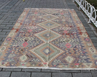 Tappeto Kilim vintage, 6,5 "x11,7" piedi, 195x355 cm, tappeto decorativo Kilim, tappeto area, tappeto pavimento, tappeto kilim vintage, tappeto boho kilim, tappeti nomadi
