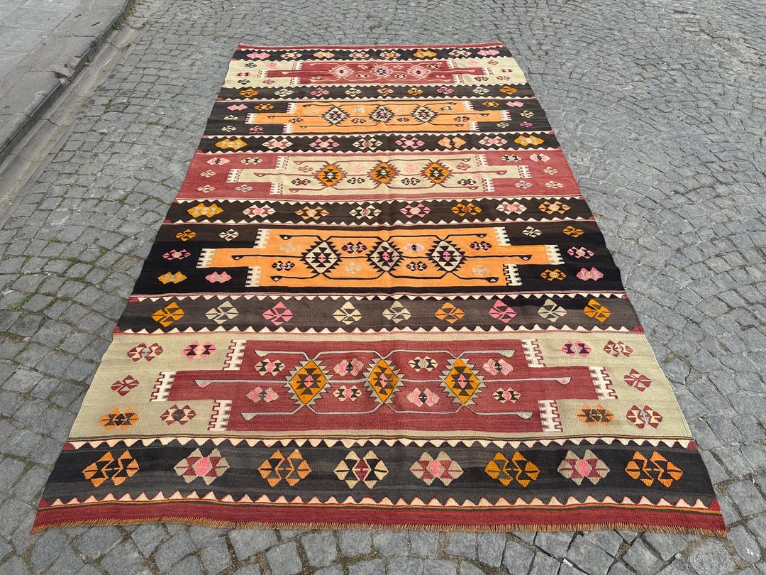 ハンドメイドアナトリアキリムラグ：ヴィンテージトルコ部族ラグ（6.7