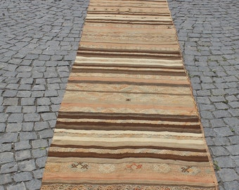 Tappeto Kilim turco vintage: arredamento per la casa a righe pastello (3"x14,7")