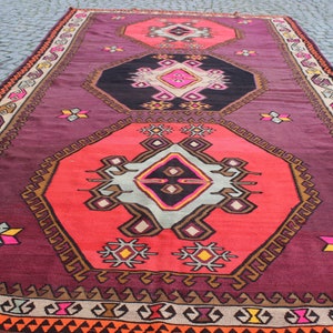 Kleurrijk paars tapijt, 7,2 x13 voet, 220x400 cm, decoratief kelim tapijt, nomadisch tapijt, handgemaakt kelim tapijt, vintage tapijt, home living, boho tapijt afbeelding 4