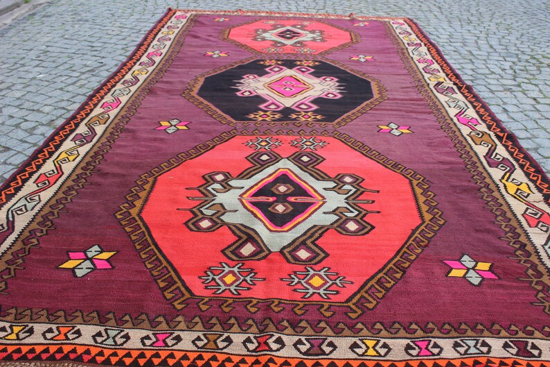 Kleurrijk paars tapijt, 7,2 x13 voet, 220x400 cm, decoratief kelim tapijt, nomadisch tapijt, handgemaakt kelim tapijt, vintage tapijt, home living, boho tapijt afbeelding 4