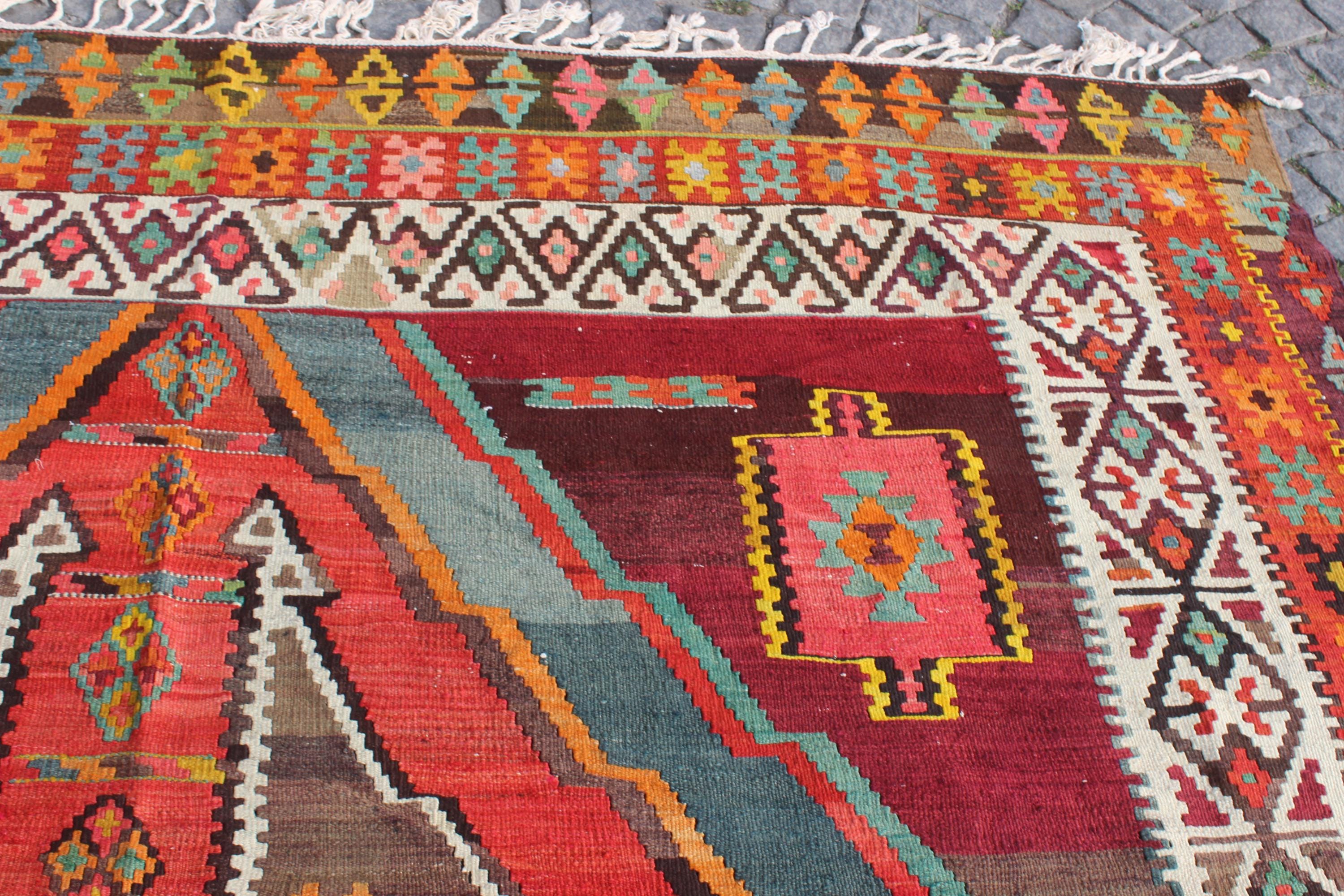 大型ヴィンテージキリムラグ：手織りウールトライバルラグ（8 x 12