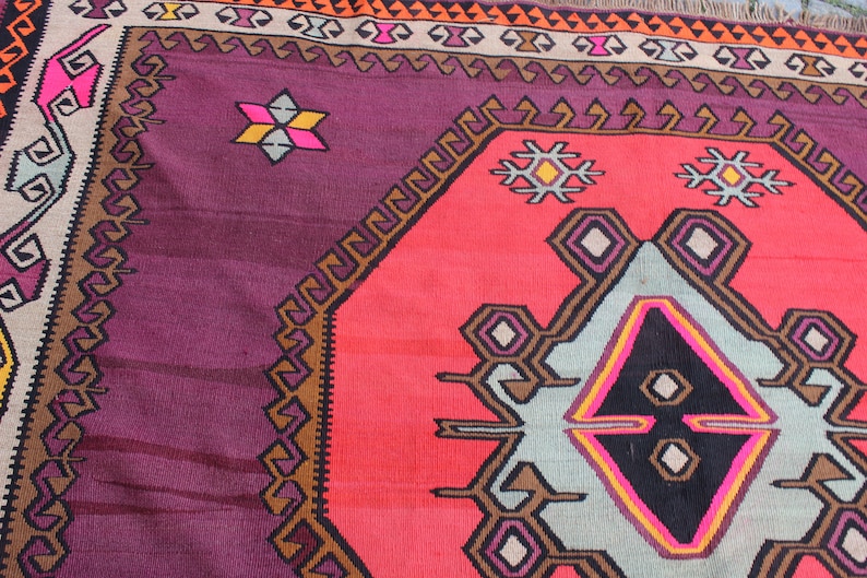 Kleurrijk paars tapijt, 7,2 x13 voet, 220x400 cm, decoratief kelim tapijt, nomadisch tapijt, handgemaakt kelim tapijt, vintage tapijt, home living, boho tapijt afbeelding 8