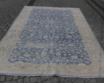 Hellblauer Oushak Teppich, 210x330 cm, 210x330 cm, Dekorativer Teppichteppich, Handgemachter Teppich, Vintage Teppich, Oushak Teppich, Wohndekoration Türkischer Teppich