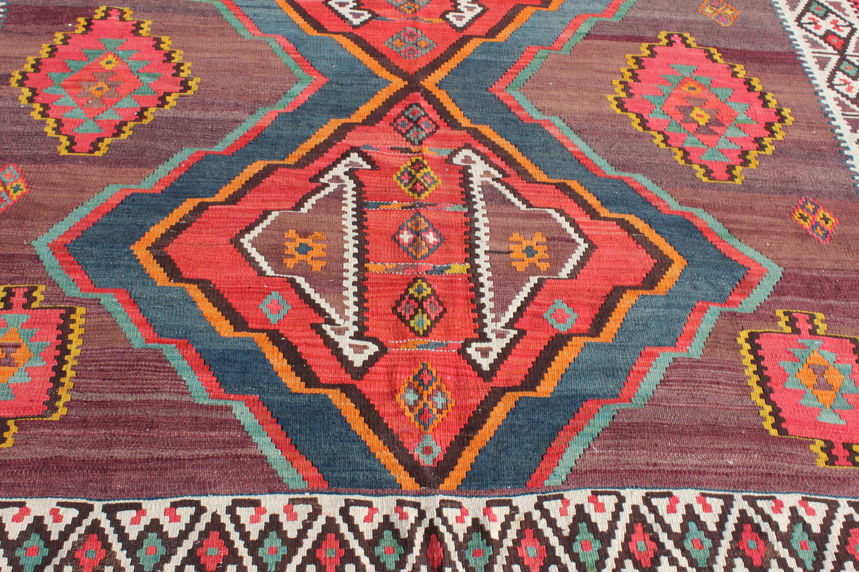 大型ヴィンテージキリムラグ：手織りウールトライバルラグ（8 x 12