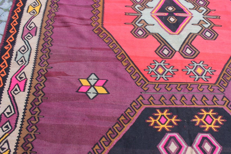Kleurrijk paars tapijt, 7,2 x13 voet, 220x400 cm, decoratief kelim tapijt, nomadisch tapijt, handgemaakt kelim tapijt, vintage tapijt, home living, boho tapijt afbeelding 7