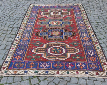 Vintage Caucasian Soumak Rug: 4.7"x7.9' Navy Blue Ethnic Floor Rug