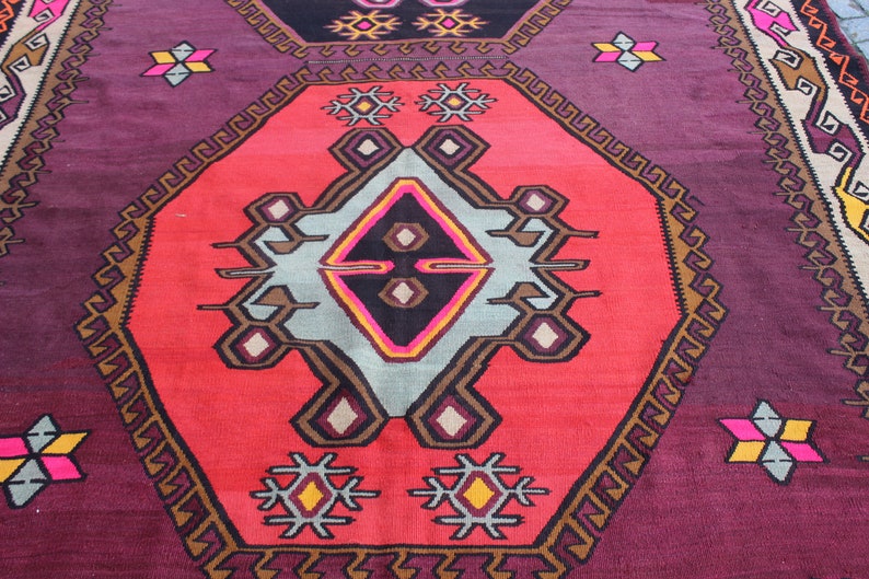 Kleurrijk paars tapijt, 7,2 x13 voet, 220x400 cm, decoratief kelim tapijt, nomadisch tapijt, handgemaakt kelim tapijt, vintage tapijt, home living, boho tapijt afbeelding 5