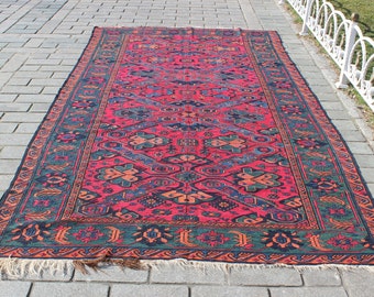 Rosa Soumak Teppich, 190x370 cm, Dekorativer Soumak Teppich, Handgefertigter Soumak Teppich, Bunter Soumak Teppich, Vintage Teppich, Handgefertigter Teppich