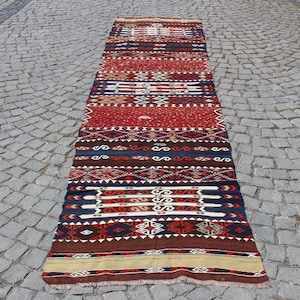 Antique Turkish Cicim Runner, 3&quot;x12.6&quot; feet,93x385 cm,Decorative Vintage Runner,Kilim Runner,Runner Rug,Tribal Kilim Runner,Handmade Kilim
