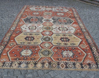 Alfombra Kilim hecha a mano, 6.6"x11.2" pies, 200x342 cm, Alfombra Kilim decorativa, Alfombra Kilim turca, Alfombra rosa, Alfombra Kilim Boho, Alfombra vintage turca